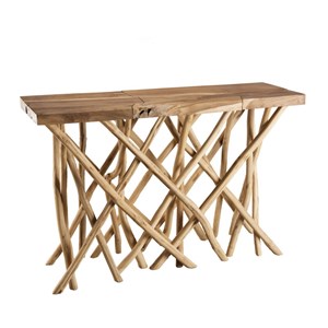 Clara - console plateau rectangulaire bois de teck - pieds bois flotté