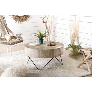 Clara - table basse ronde 90x90cm bois teck naturel pieds métal noir