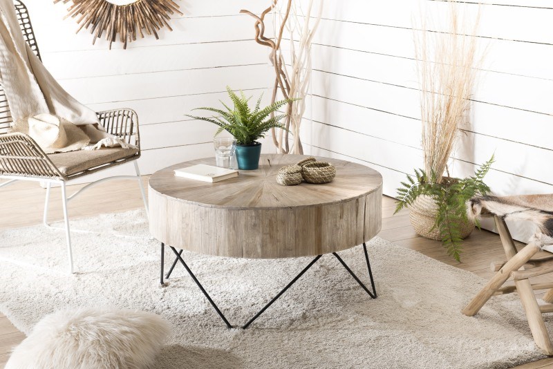 Macabane - Clara - table basse ronde 90x90cm bois teck naturel pieds métal noir