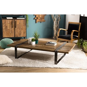 Mathis - table basse multi-planches marron bois cerclée métal gris