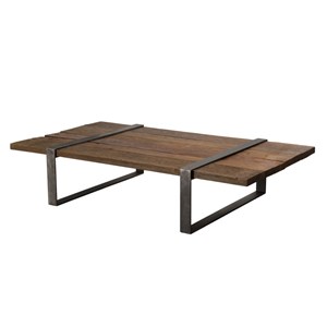 Mathis - table basse multi-planches marron bois cerclée métal gris