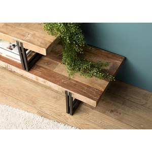 Sixtine - meuble tv marron 2 niveaux bois teck recyclé et métal noir