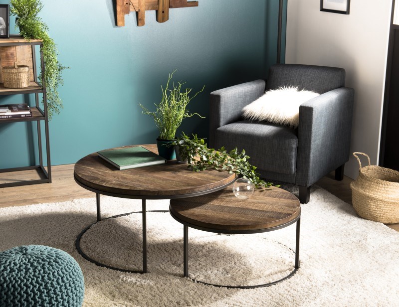 Sixtine - set de 2 tables basses gigognes rondes bois de teck recyclé