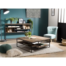 Sixtine - table basse carrée avec tablettes 100x100cm bois teck recyclé