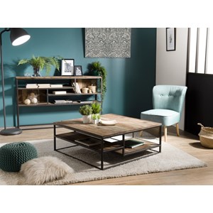 Sixtine - table basse carrée avec tablettes 100x100cm bois teck recyclé