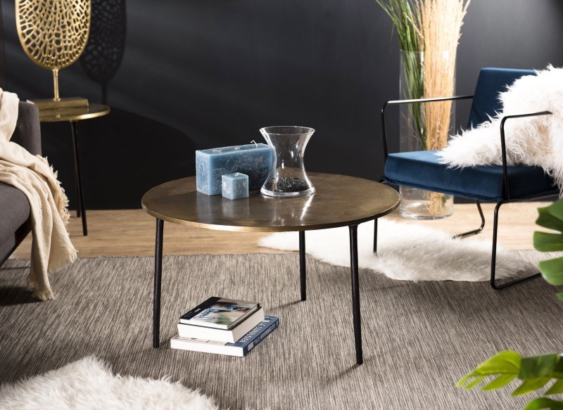 Macabane - Johan - table basse ronde 80x80cm plateau aluminium doré pieds noirs