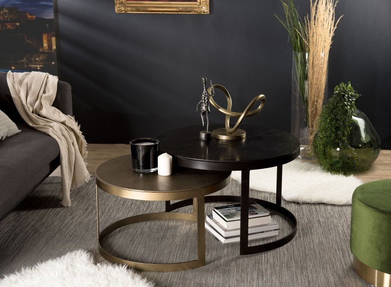 Johan - set de 2 tables gigognes ceinturées rondes aluminium noir doré