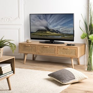 Rodrigo - meuble tv couleur naturelle 3 tiroirs bois cannage