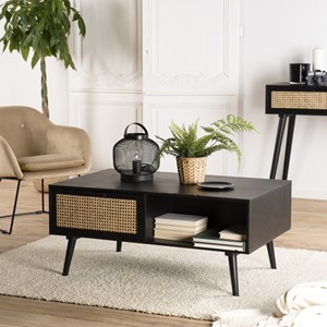 Angelo - table basse noire bois 2 tiroirs cannage 1 niche