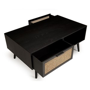 Angelo - table basse noire bois 2 tiroirs cannage 1 niche