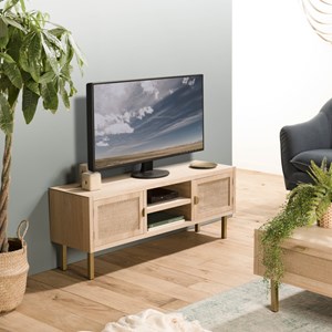 Aline - meuble tv bois 2 niches 2 portes toile de jute pieds doré