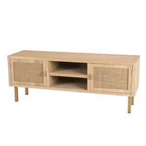 Aline - meuble tv bois 2 niches 2 portes toile de jute pieds doré