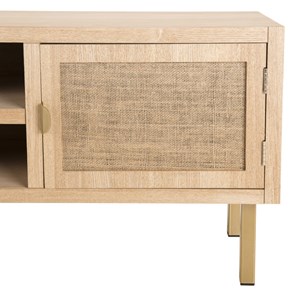Aline - meuble tv bois 2 niches 2 portes toile de jute pieds doré