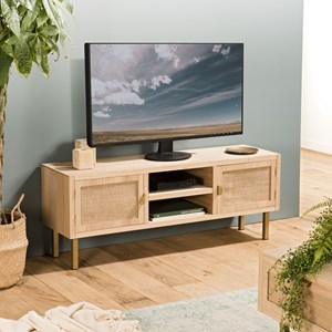 Aline - meuble tv bois 2 niches 2 portes toile de jute pieds doré