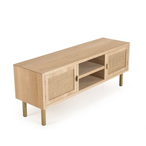 Aline - meuble tv bois 2 niches 2 portes toile de jute pieds doré