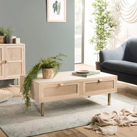 Aline - table basse bois 2 tiroirs toile de jute pieds métal doré