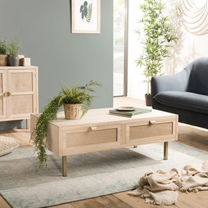 Aline - table basse bois 2 tiroirs toile de jute pieds métal doré