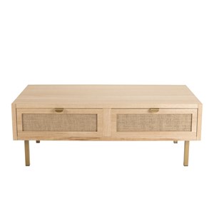 Aline - table basse bois 2 tiroirs toile de jute pieds métal doré