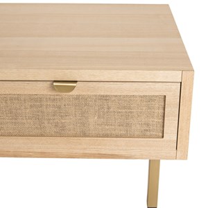 Aline - table basse bois 2 tiroirs toile de jute pieds métal doré