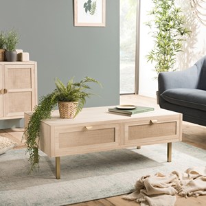 Aline - table basse bois 2 tiroirs toile de jute pieds métal doré