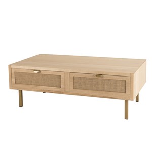 Aline - table basse bois 2 tiroirs toile de jute pieds métal doré