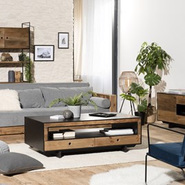 Dandy - table basse 4 tiroirs 1 niche bois pin recyclé naturel et noir