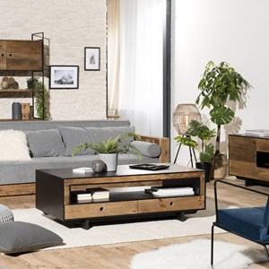 Dandy - table basse 4 tiroirs 1 niche bois pin recyclé naturel et noir