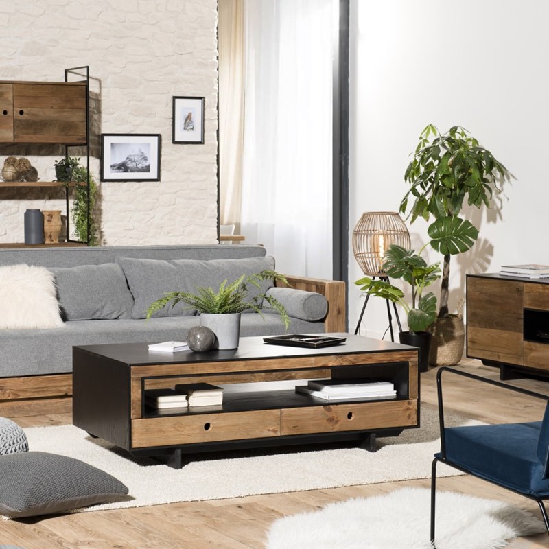 Macabane - Dandy - table basse 4 tiroirs 1 niche bois pin recyclé naturel et noir