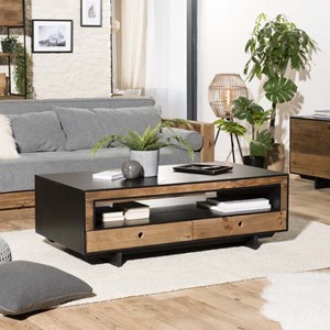 Dandy - table basse 4 tiroirs 1 niche bois pin recyclé naturel et noir