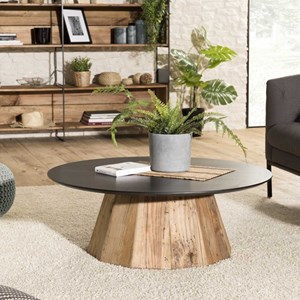 Dandy - table basse ronde 90x90cm bois pin recyclé plateau noir