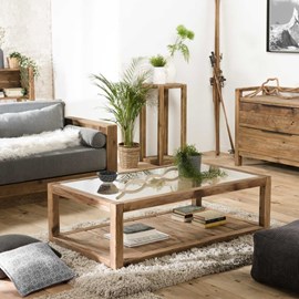 Sandy - table basse marron 1 plateau verre 1 plateau bois pin recyclé