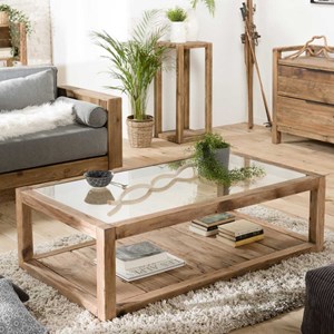 Sandy - table basse marron 1 plateau verre 1 plateau bois pin recyclé