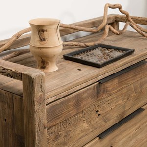 Sandy - commode marron 2 tiroirs bois pin recyclé poignées métal noir