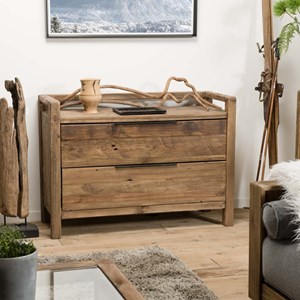 Sandy - commode marron 2 tiroirs bois pin recyclé poignées métal noir