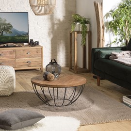 Sixtine - table basse ronde 80x80cm plateau bois teck recyclé noir