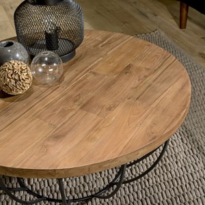 Sixtine - table basse ronde 80x80cm plateau bois teck recyclé noir
