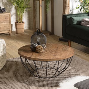Sixtine - table basse ronde 80x80cm plateau bois teck recyclé noir