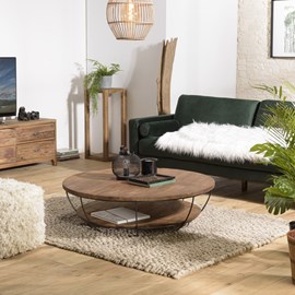 Sixtine - table basse plateau 120x120cm bois teck recyclé métal noir