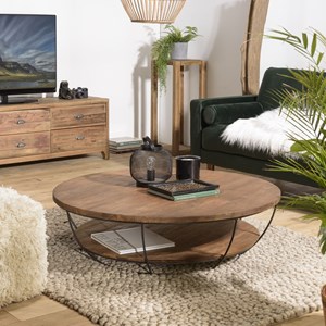 Sixtine - table basse plateau 120x120cm bois teck recyclé métal noir