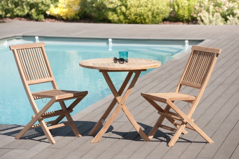Macabane - Fun - table de jardin 2 personnes, ronde pliante 80 cm en bois teck