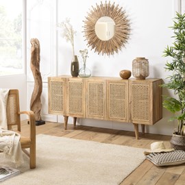 Isa - buffet marron 5 portes bois manguier cannage couleur beige