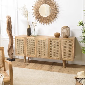 Isa - buffet marron 5 portes bois manguier cannage couleur beige