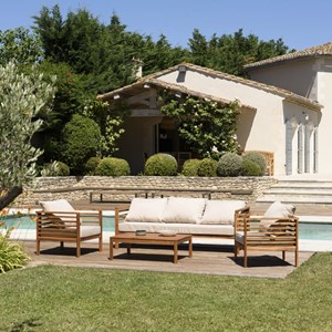 Vick - salon de jardin bois d'acacia. Avec 2 fauteuils un canapé et une table