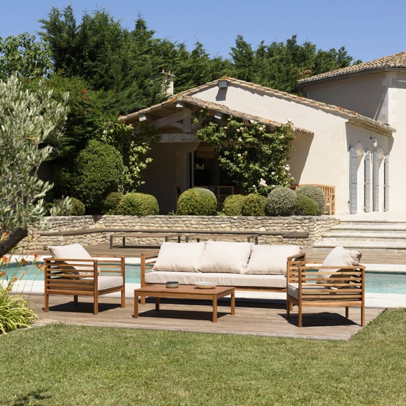 Macabane - Vick - salon de jardin bois d'acacia. Avec 2 fauteuils un canapé et une table