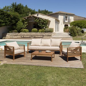 Vick - salon de jardin bois d'acacia. Avec 2 fauteuils un canapé et une table