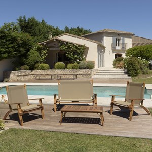 Vick - salon jardin bois acacia 4 pers : canapé, 2 fauteuils et table basse