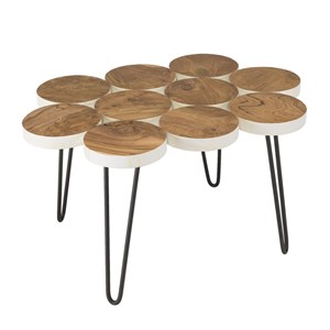 Sam - table basse plateau rondelles bois teck pieds épingles