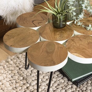 Sam - table basse plateau rondelles bois teck pieds épingles