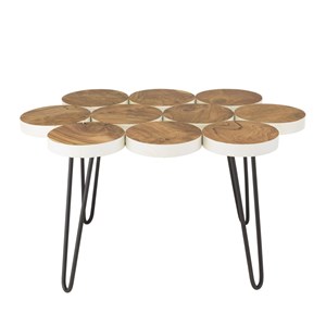 Sam - table basse plateau rondelles bois teck pieds épingles