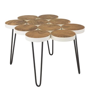 Sam - table basse plateau rondelles bois teck pieds épingles
